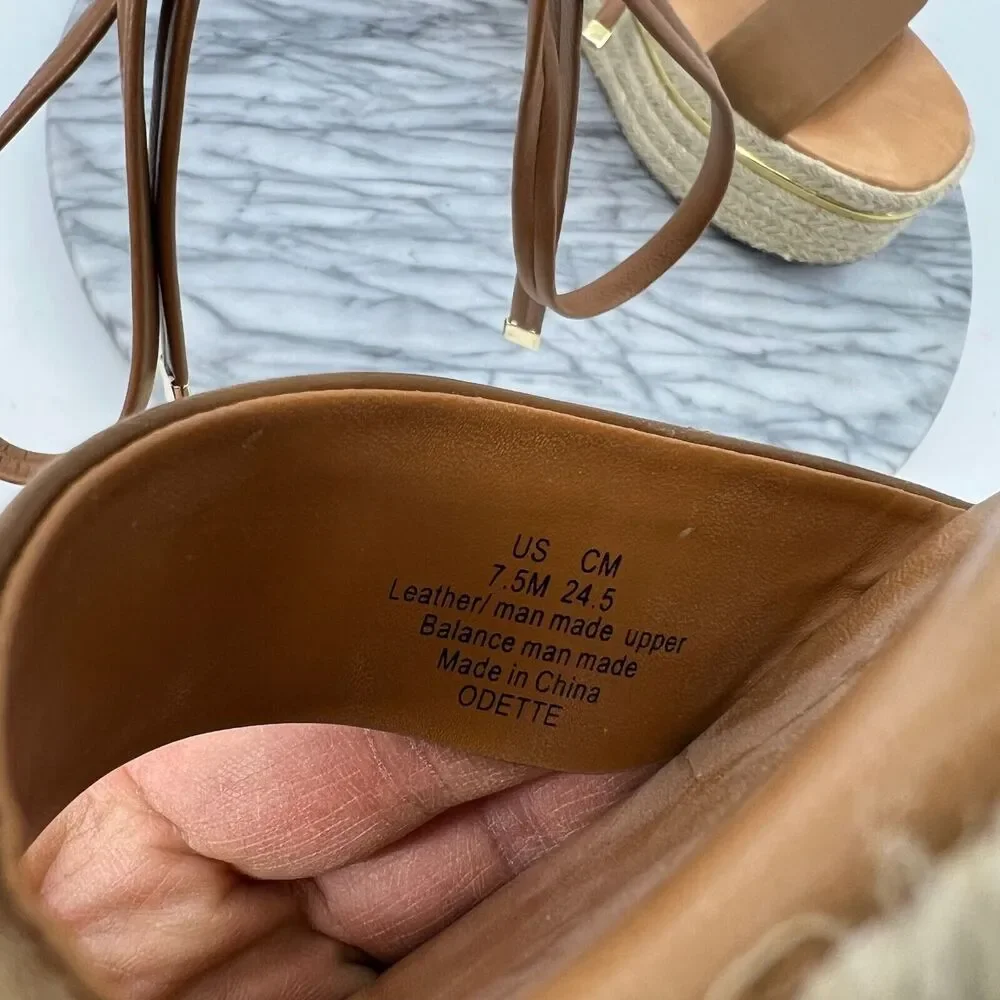 Bleecker & Bond Sandal Womens 7.5 Cognac Brown Odette Espadrille Leather Wedge